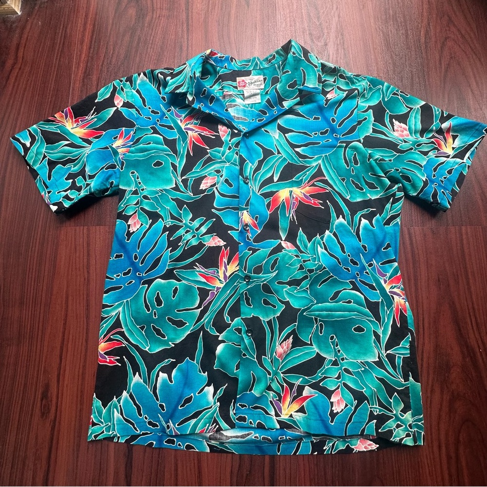 Hilo Hattie Hawaiian Aloha Shirt Men’s L Blue Tropical Relaxed Fit Vintage USA
